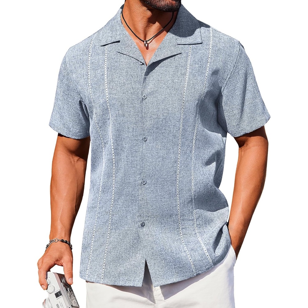 image:imageCOOFANDY Mens Cuban Shirts Guayabera Linen Shirt ShortSleeve Regular Fit Beach Summer Shirts Navy Blue