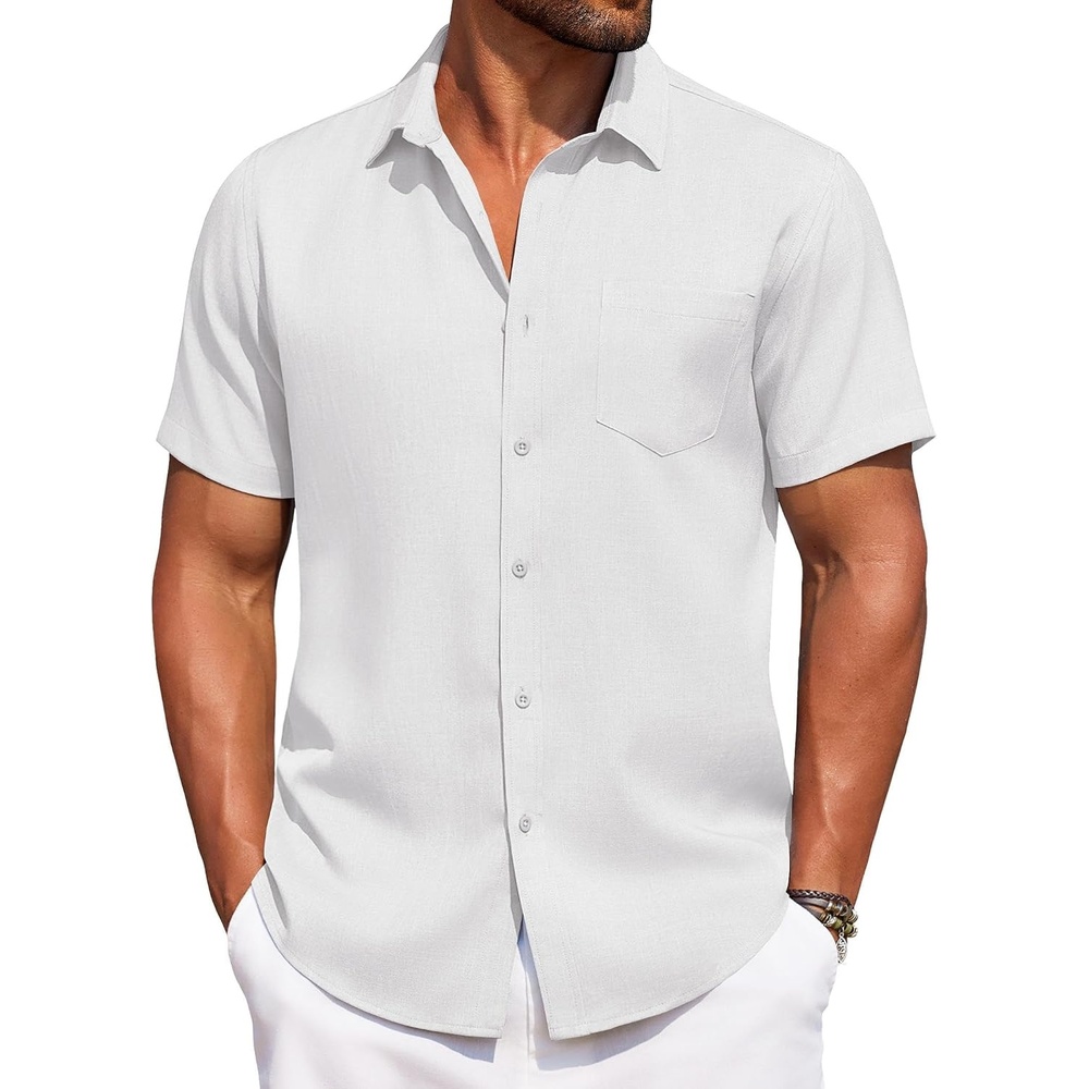image:imageCOOFANDY Mens Linen Shirt Summer Beach Vacation Shirts Casual Button Down Short Sleeve Top Resort Wear for Men White