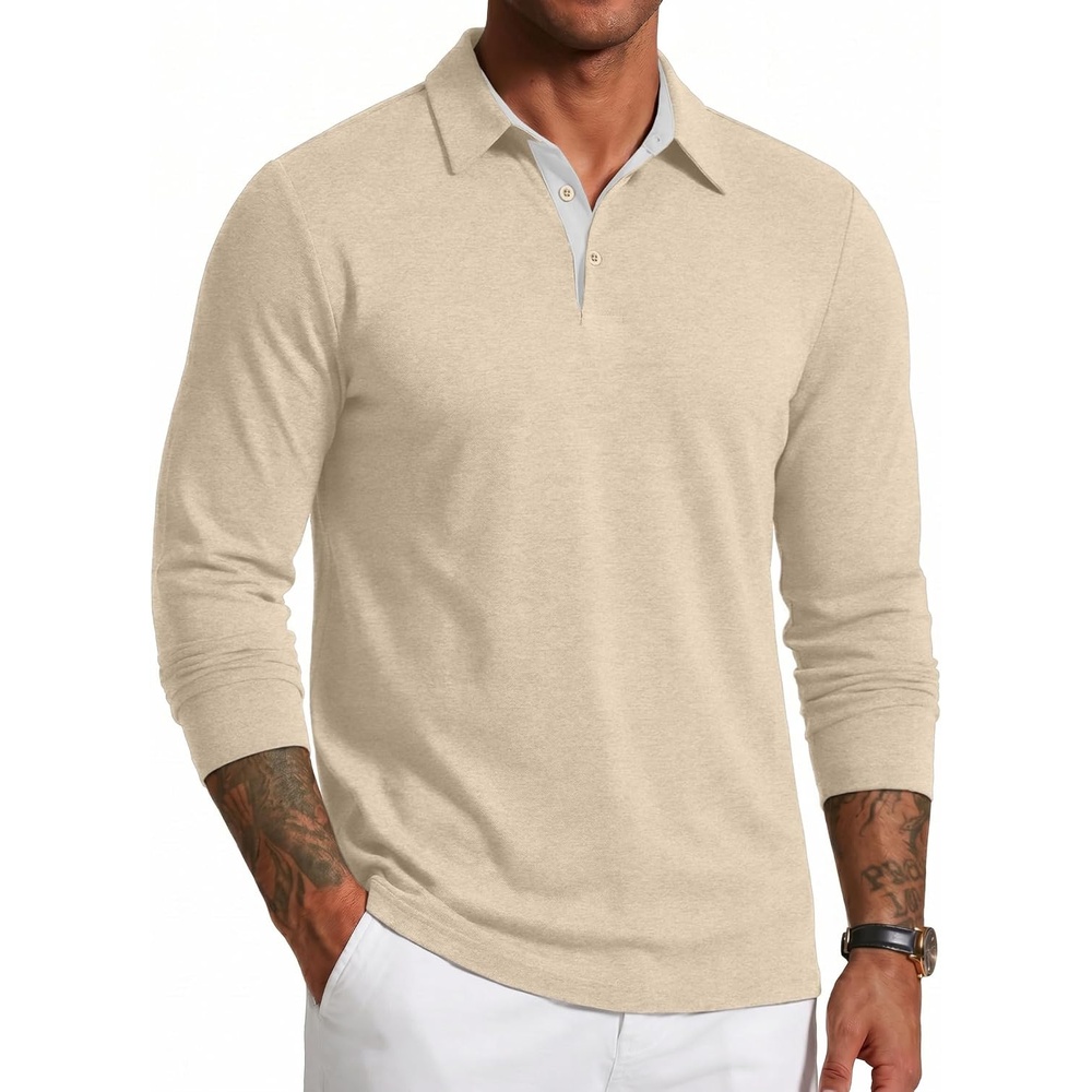 image:imageCOOFANDY Mens Long Sleeve Polo Shirts Button Casual Tee Collared Work Pullover ShirtsPale Moon Gray