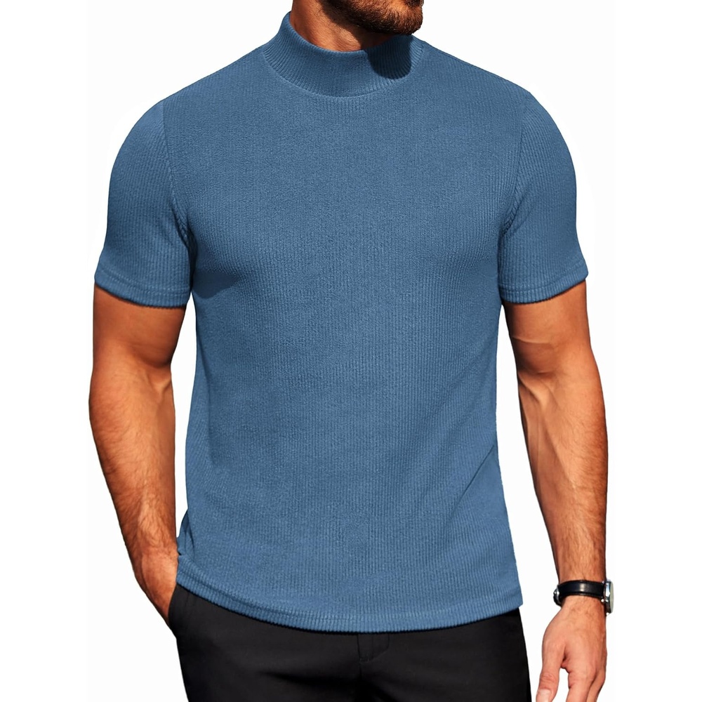 image:imageCOOFANDY Mens Mock Neck TShirts Short Sleeve Ribbed Knit Shirt Soft Tee Shirt Casual Basic TopsDark Blue