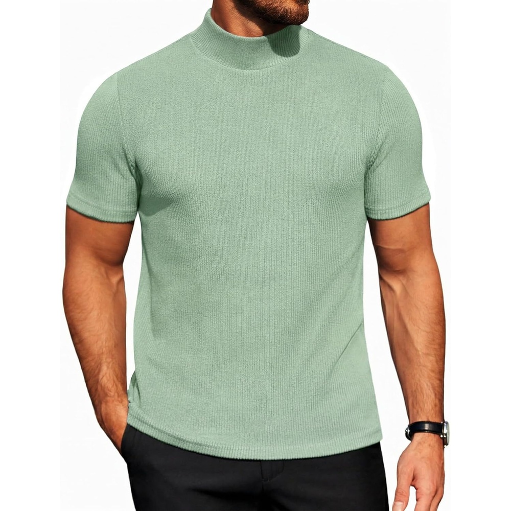 image:imageCOOFANDY Mens Mock Neck TShirts Short Sleeve Ribbed Knit Shirt Soft Tee Shirt Casual Basic TopsIce Green