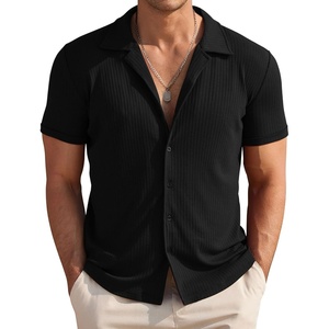 COOFANDY Brown Button Up Shirt Men Knitted Polo Shirts Cuban Beach Shirts Button Down Polo Shirt