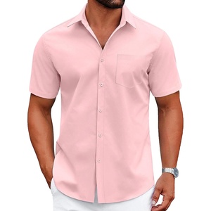 COOFANDY Men Button Down Shirt Short Sleeve Casual Shirts Printed Dress Shirt with Pocket(Pink)