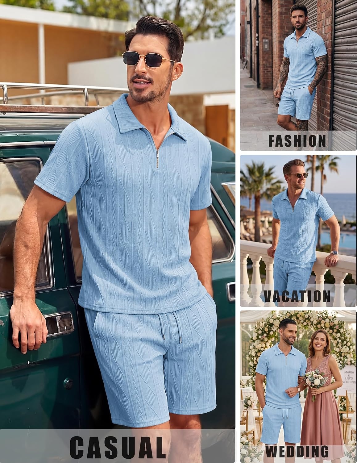 image:imageCOOFANDY Mens 2 Piece Set Summer Beach Vacation Outfits Quarter Zip Polo Shirt and Shorts SetsLight Blue