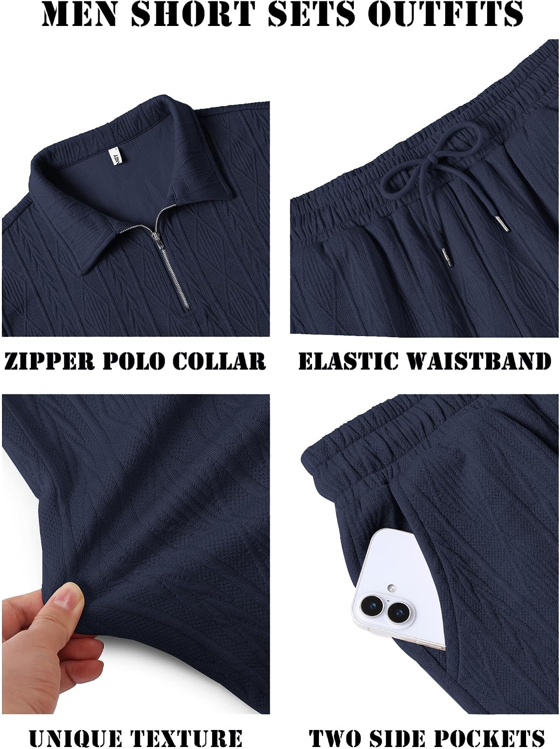 image:imageCOOFANDY Mens 2 Piece Set Summer Beach Vacation Outfits Quarter Zip Polo Shirt and Shorts SetsNavy Blue