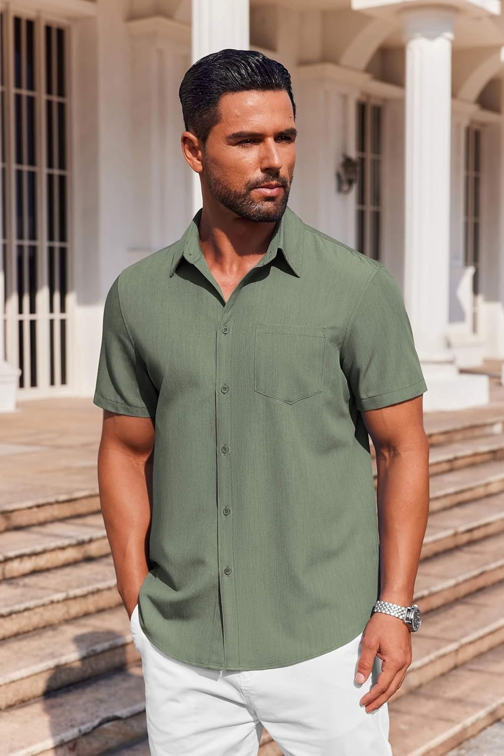 image:imageCOOFANDY Mens Button Down Short Sleeve Shirt Casual Summer Stretch Denim Dress Shirts with PocketArmy Green