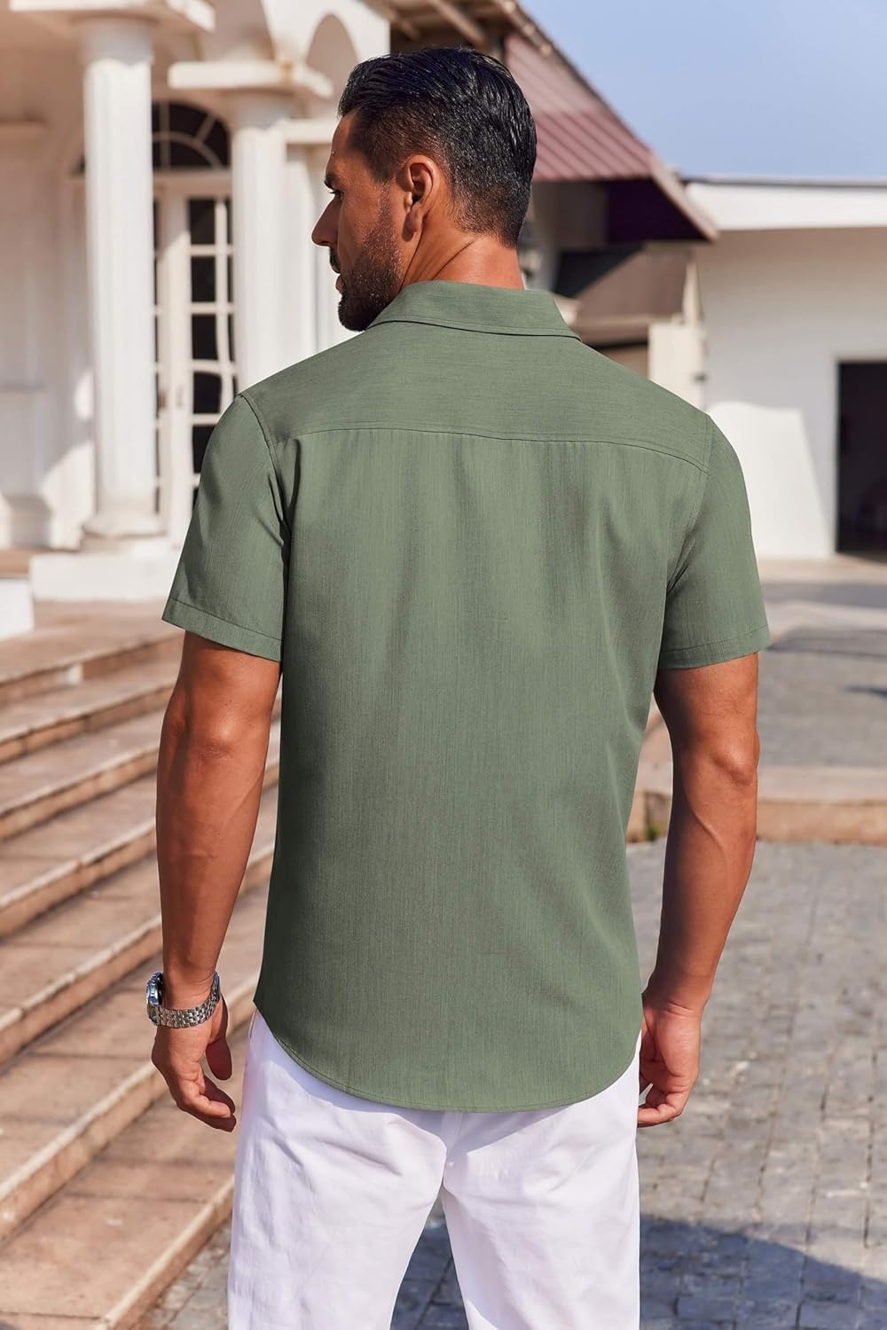 image:imageCOOFANDY Mens Button Down Short Sleeve Shirt Casual Summer Stretch Denim Dress Shirts with PocketArmy Green