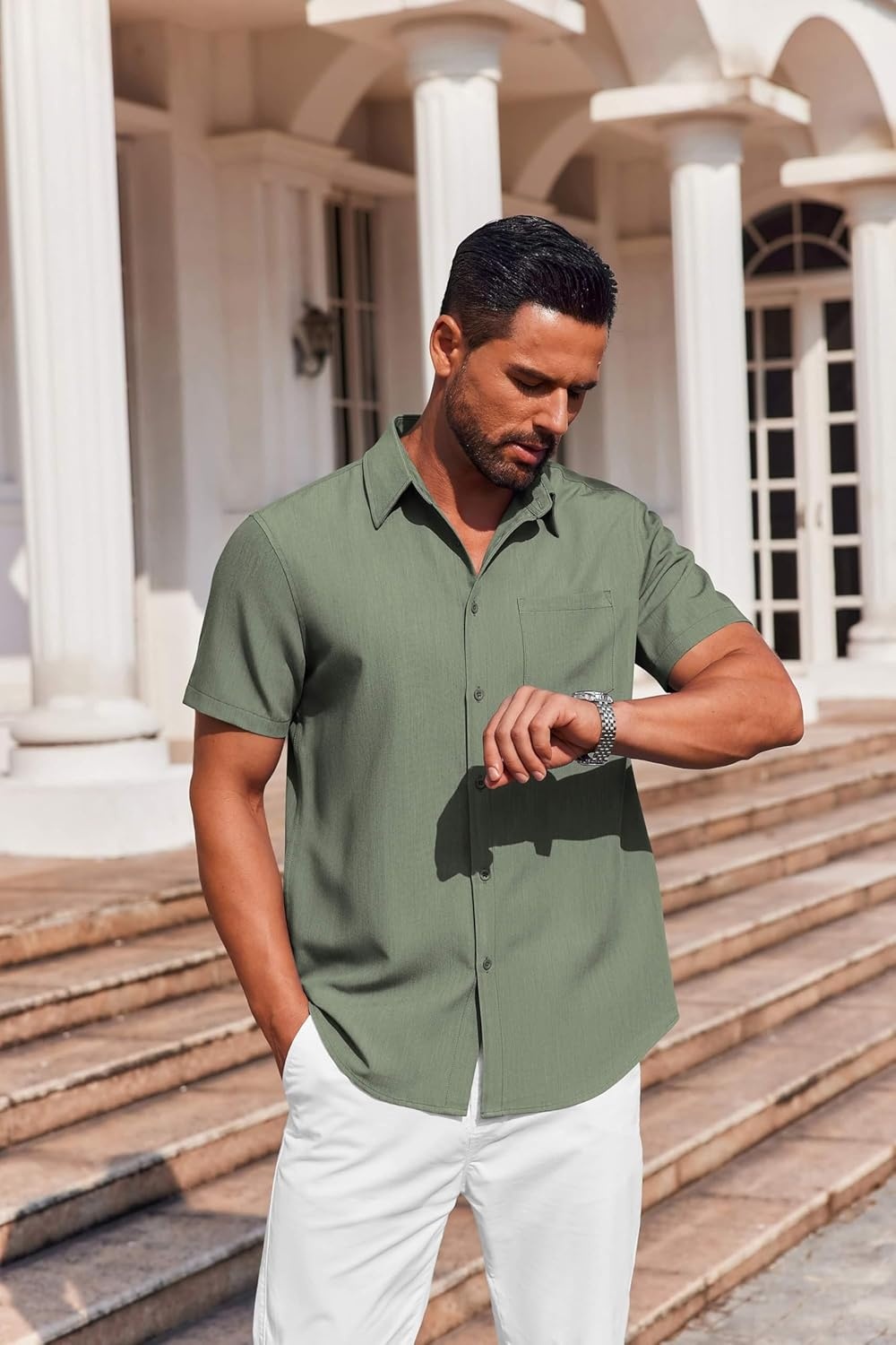 image:imageCOOFANDY Mens Button Down Short Sleeve Shirt Casual Summer Stretch Denim Dress Shirts with PocketArmy Green