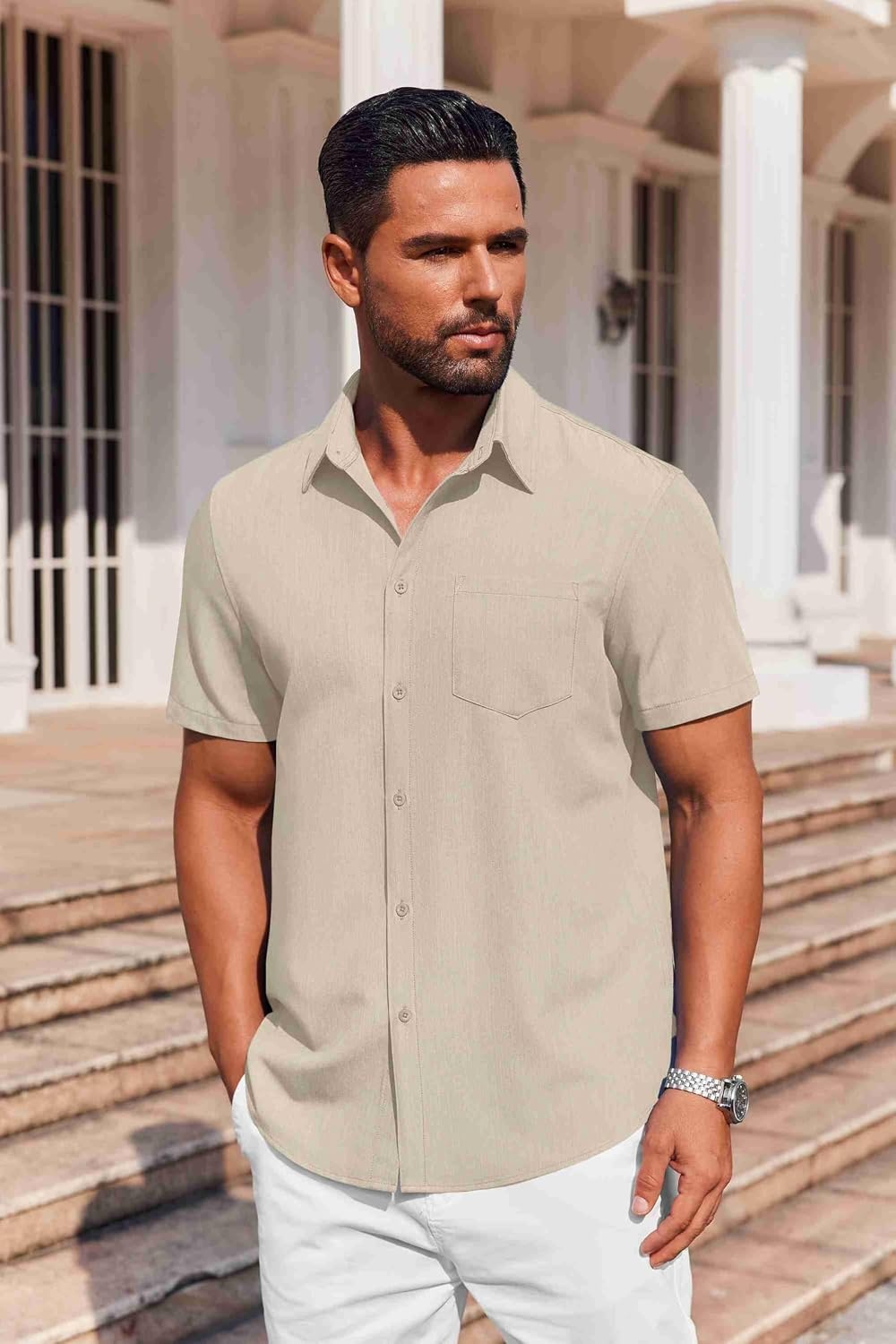 image:imageCOOFANDY Mens Button Down Short Sleeve Shirt Casual Summer Stretch Denim Dress Shirts with PocketBeige