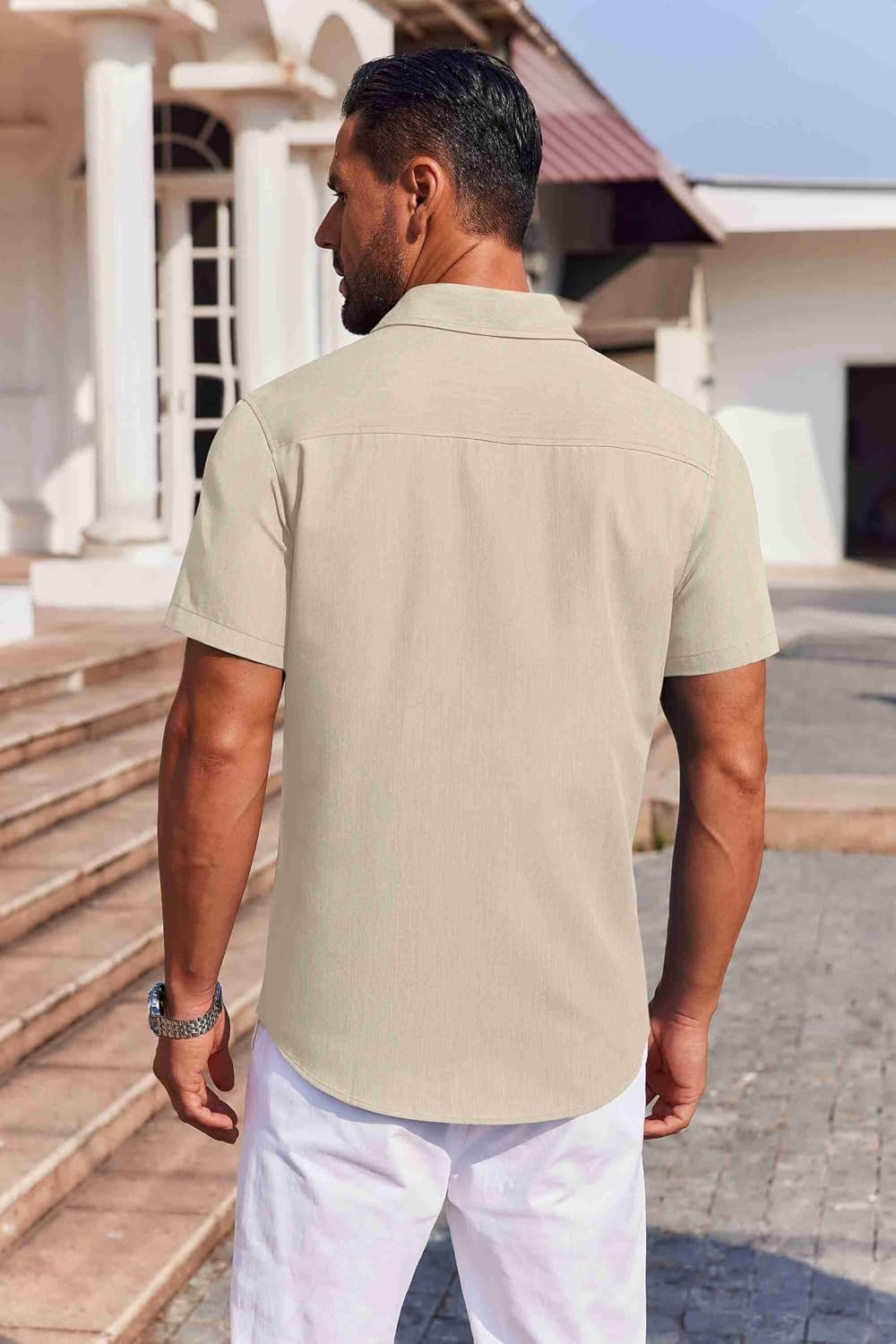 image:imageCOOFANDY Mens Button Down Short Sleeve Shirt Casual Summer Stretch Denim Dress Shirts with PocketBeige