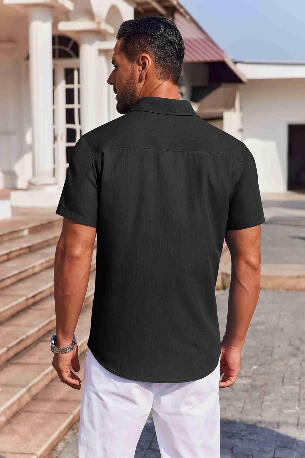 image:imageCOOFANDY Mens Button Down Short Sleeve Shirt Casual Summer Stretch Denim Dress Shirts with PocketBlack