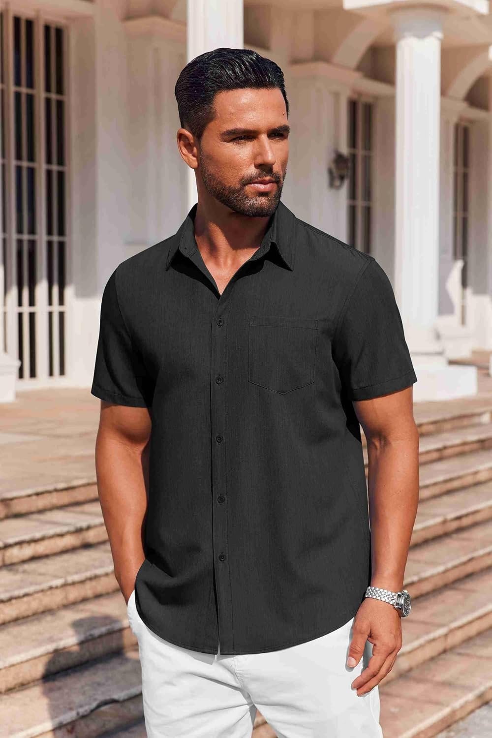 image:imageCOOFANDY Mens Button Down Short Sleeve Shirt Casual Summer Stretch Denim Dress Shirts with PocketBlack