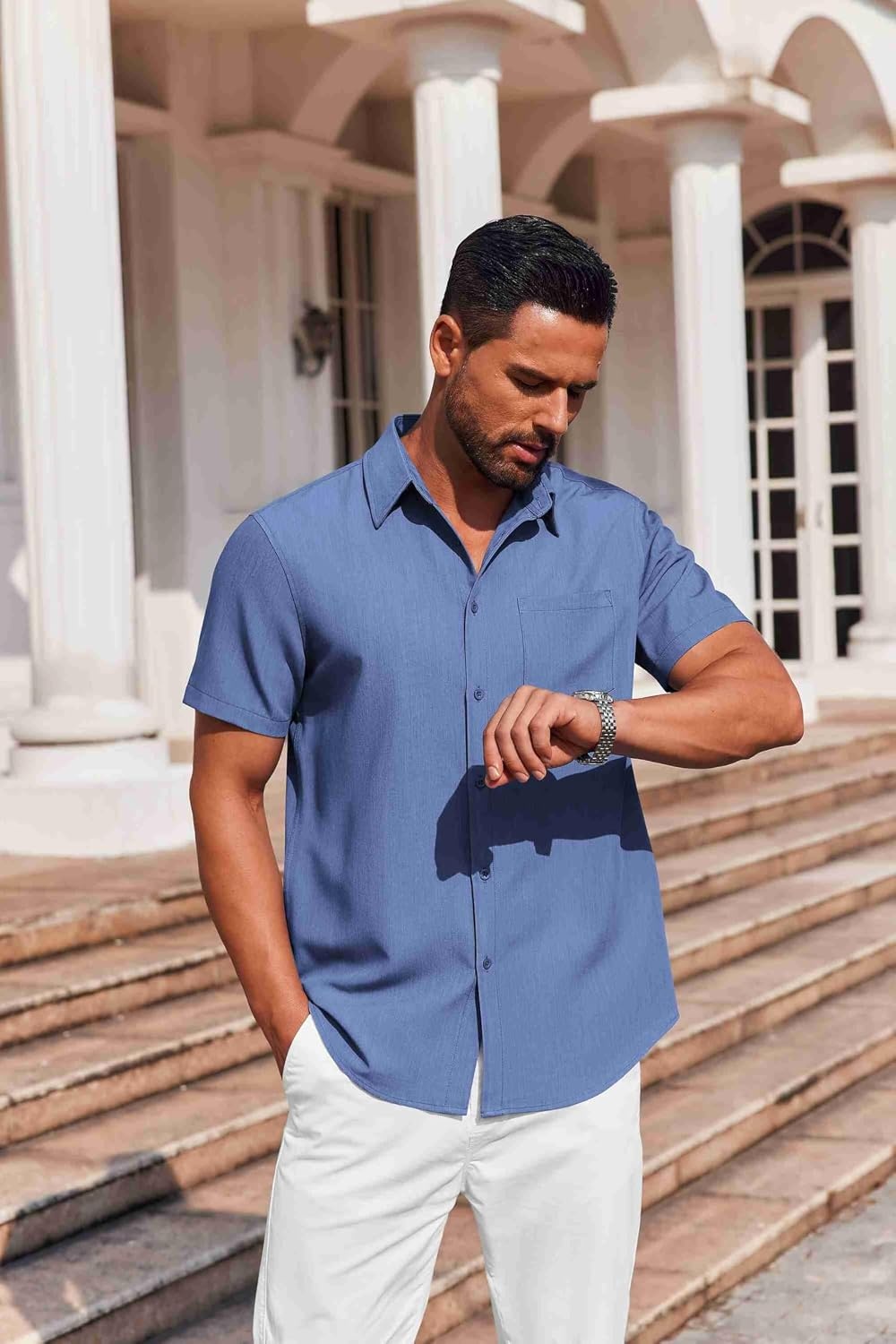 image:imageCOOFANDY Mens Button Down Short Sleeve Shirt Casual Summer Stretch Denim Dress Shirts with PocketBlue