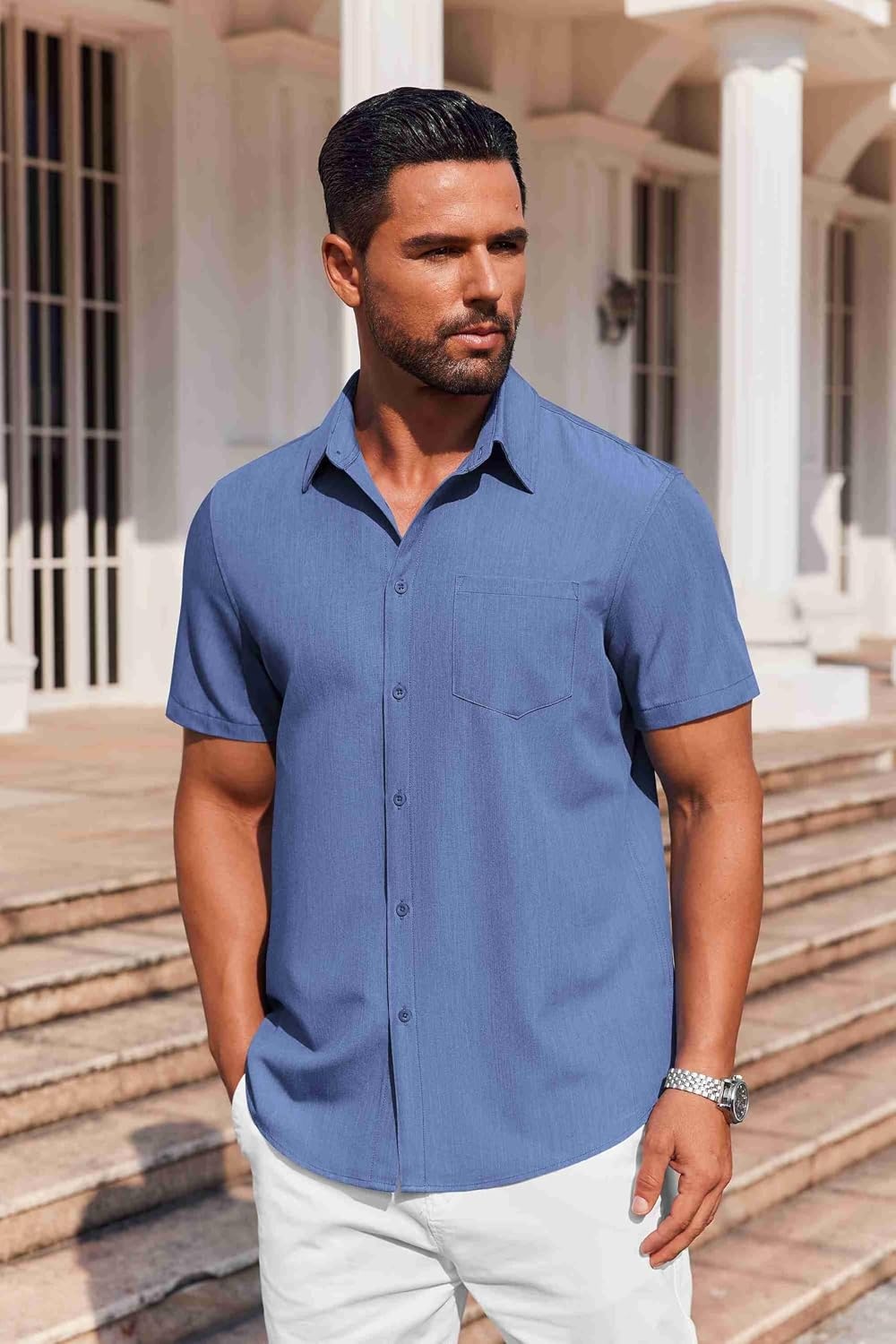 image:imageCOOFANDY Mens Button Down Short Sleeve Shirt Casual Summer Stretch Denim Dress Shirts with PocketBlue