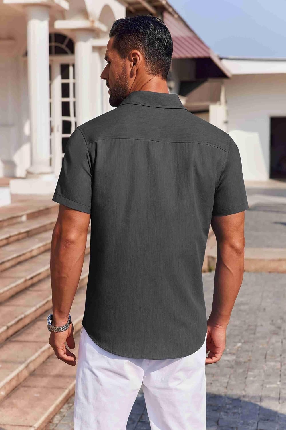 image:imageCOOFANDY Mens Button Down Short Sleeve Shirt Casual Summer Stretch Denim Dress Shirts with PocketDark Grey