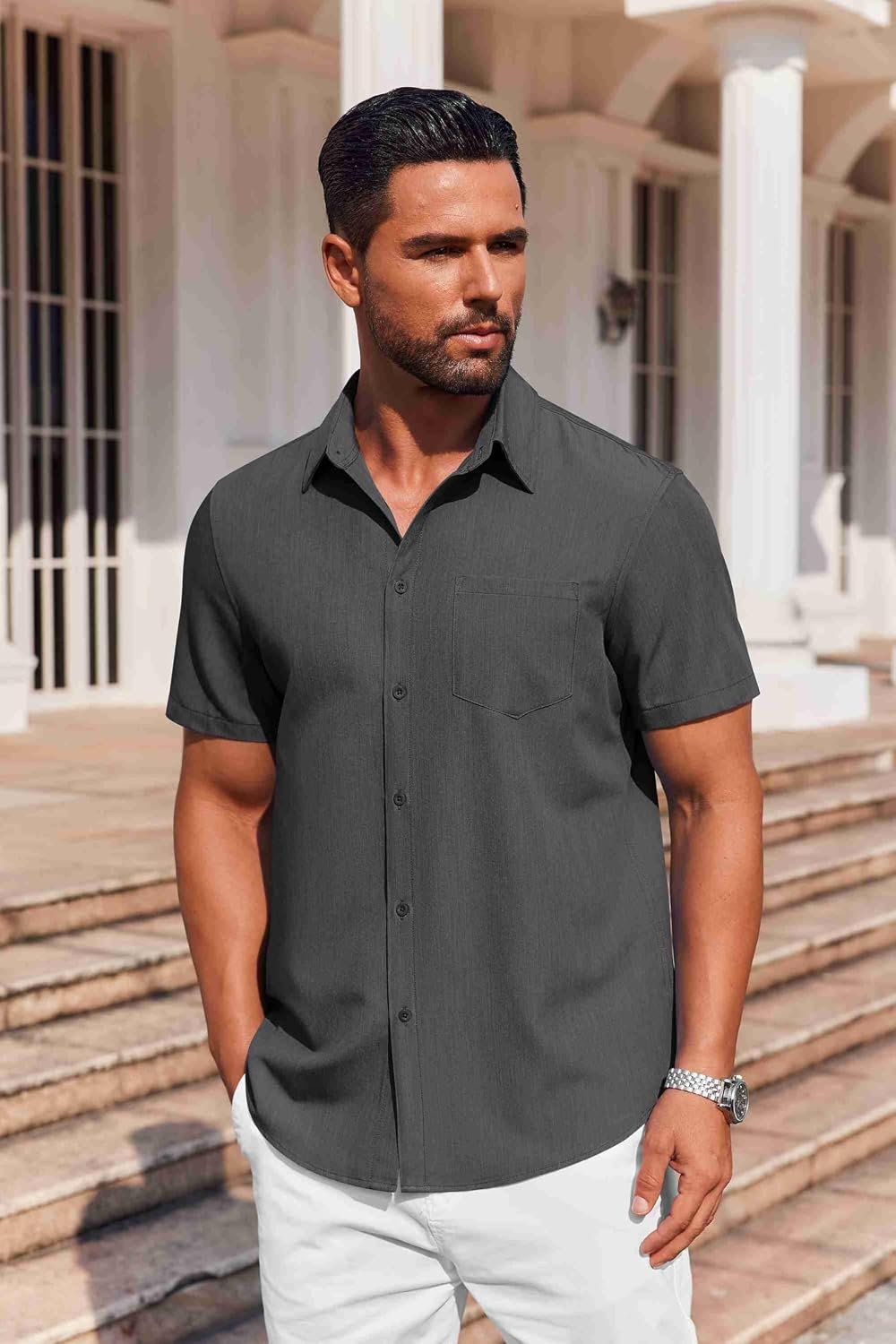 image:imageCOOFANDY Mens Button Down Short Sleeve Shirt Casual Summer Stretch Denim Dress Shirts with PocketDark Grey