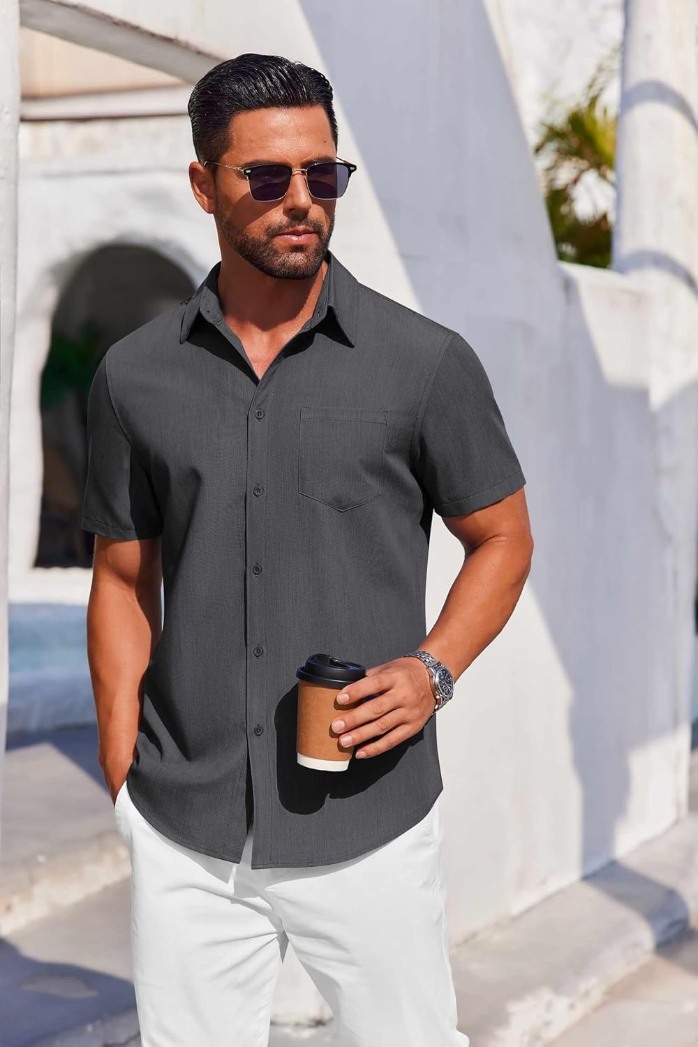 image:imageCOOFANDY Mens Button Down Short Sleeve Shirt Casual Summer Stretch Denim Dress Shirts with PocketDark Grey