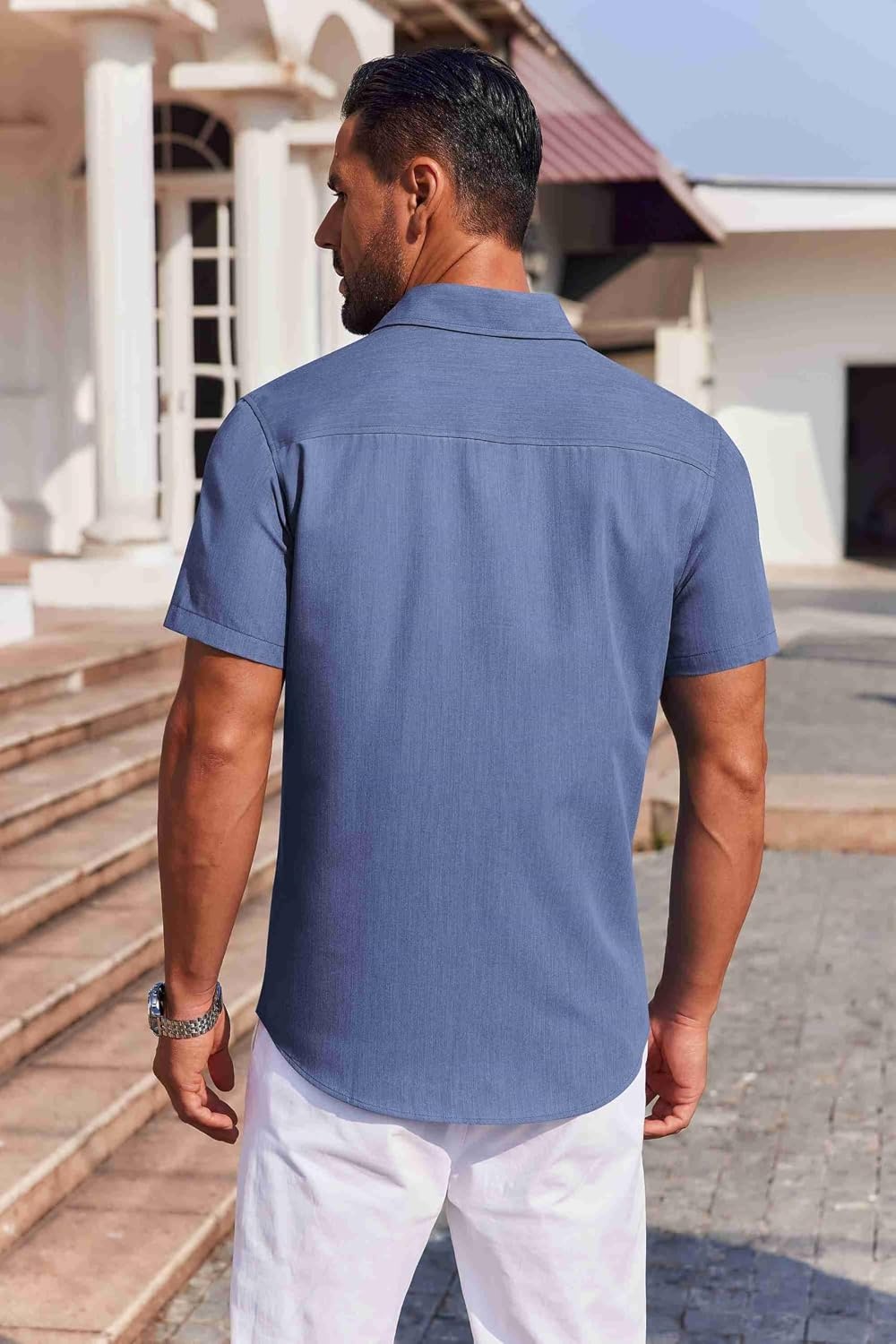 image:imageCOOFANDY Mens Button Down Short Sleeve Shirt Casual Summer Stretch Denim Dress Shirts with PocketDenim Blue