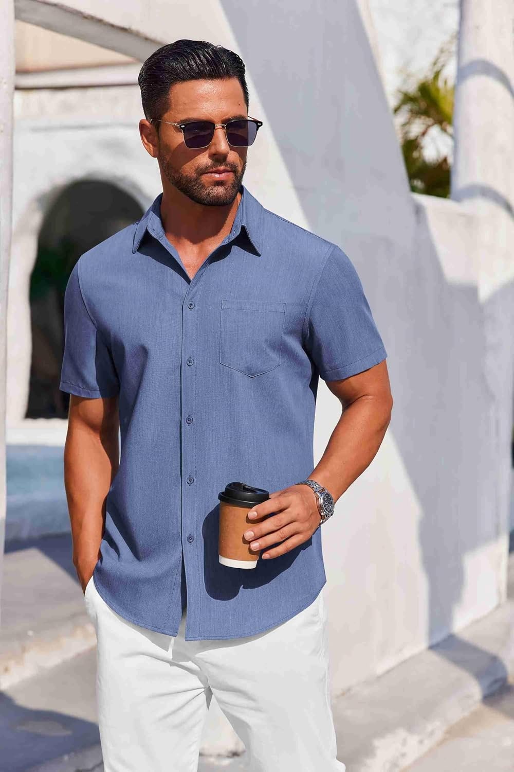 image:imageCOOFANDY Mens Button Down Short Sleeve Shirt Casual Summer Stretch Denim Dress Shirts with PocketDenim Blue