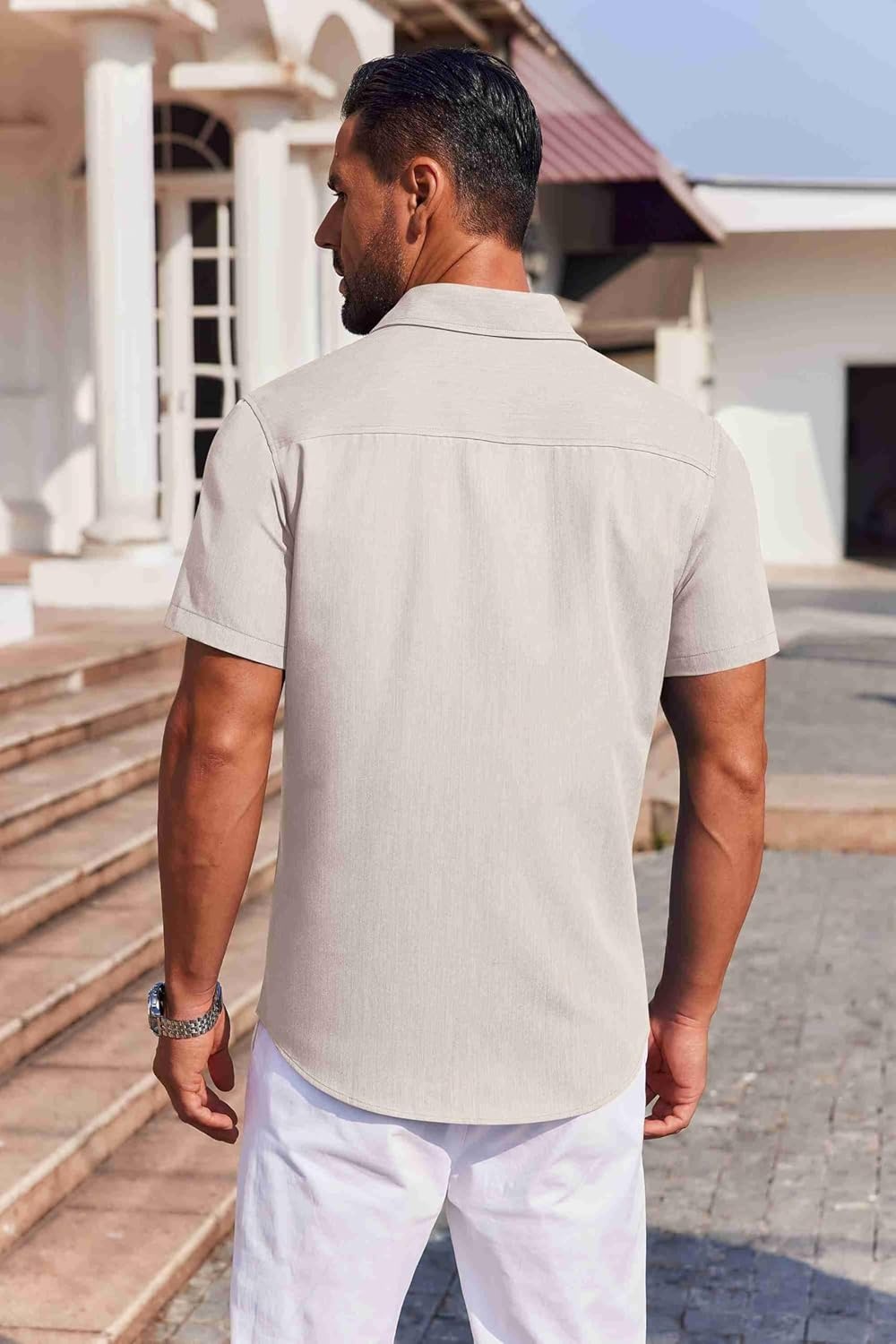 image:imageCOOFANDY Mens Button Down Short Sleeve Shirt Casual Summer Stretch Denim Dress Shirts with PocketKhaki