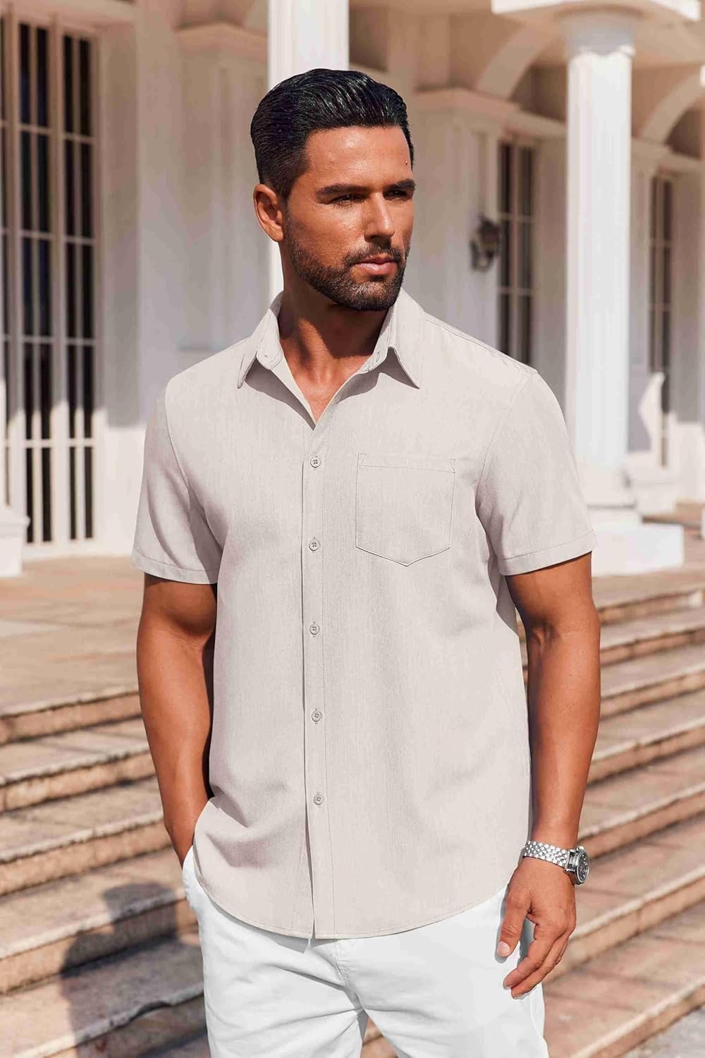 image:imageCOOFANDY Mens Button Down Short Sleeve Shirt Casual Summer Stretch Denim Dress Shirts with PocketKhaki