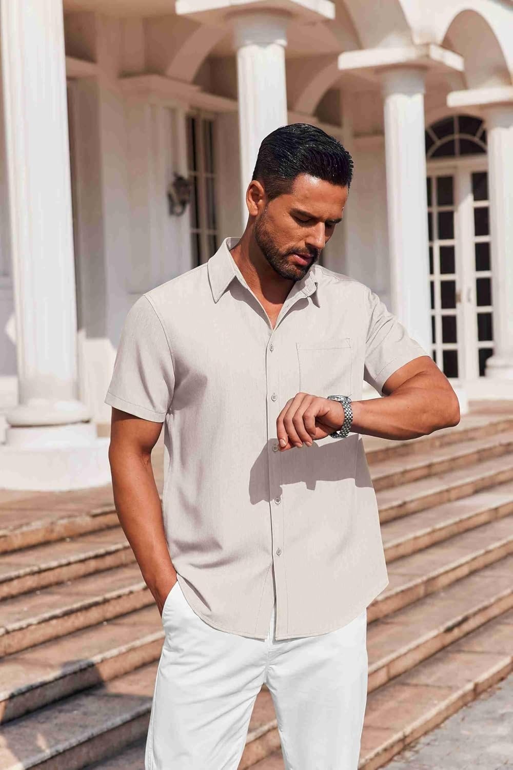 image:imageCOOFANDY Mens Button Down Short Sleeve Shirt Casual Summer Stretch Denim Dress Shirts with PocketKhaki