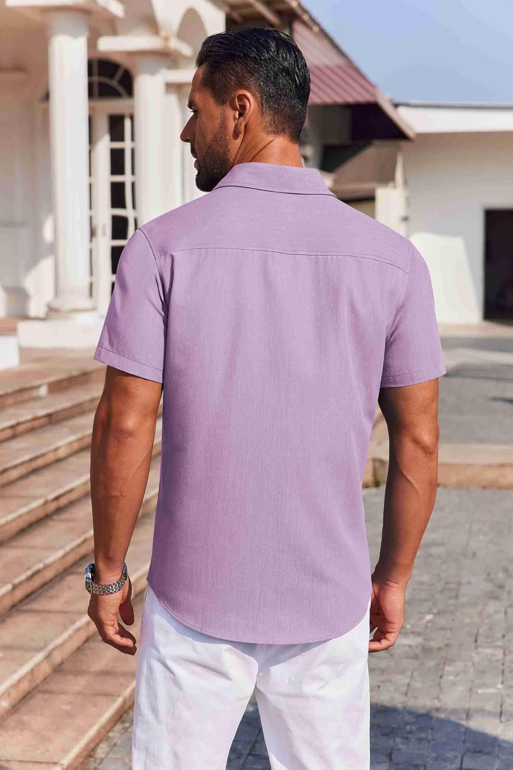 image:imageCOOFANDY Mens Button Down Short Sleeve Shirt Casual Summer Stretch Denim Dress Shirts with PocketLavender
