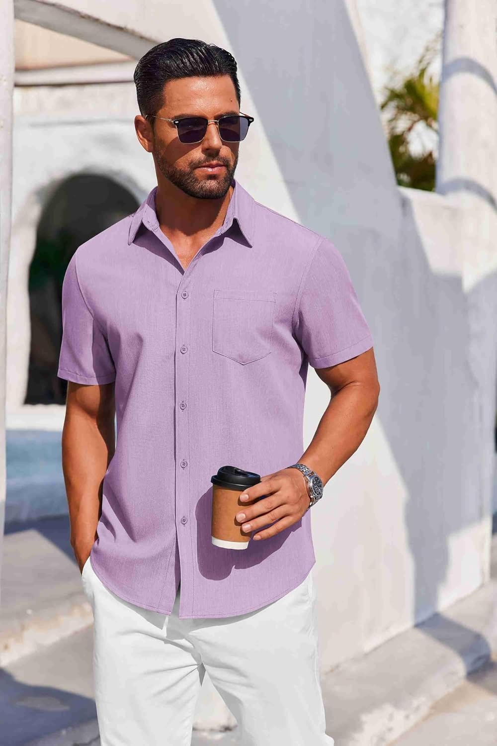 image:imageCOOFANDY Mens Button Down Short Sleeve Shirt Casual Summer Stretch Denim Dress Shirts with PocketLavender