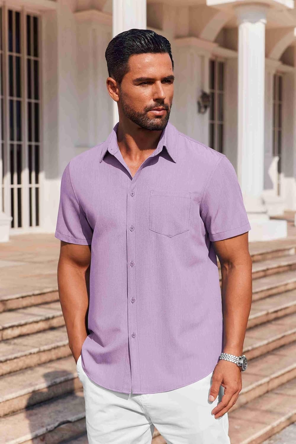 image:imageCOOFANDY Mens Button Down Short Sleeve Shirt Casual Summer Stretch Denim Dress Shirts with PocketLavender