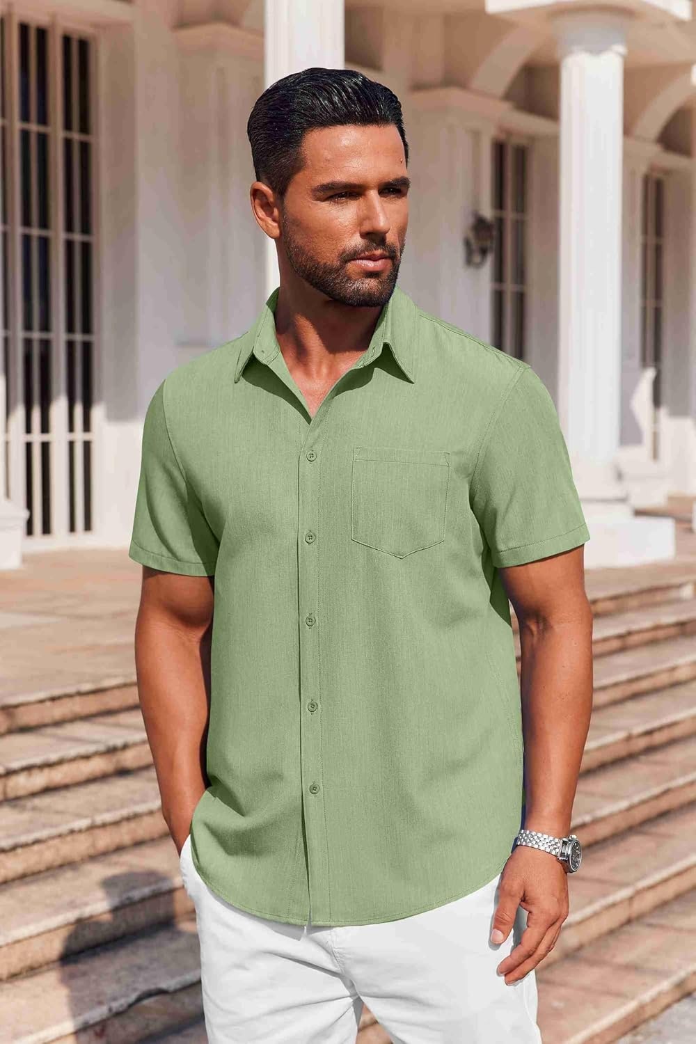 image:imageCOOFANDY Mens Button Down Short Sleeve Shirt Casual Summer Stretch Denim Dress Shirts with PocketLight Green