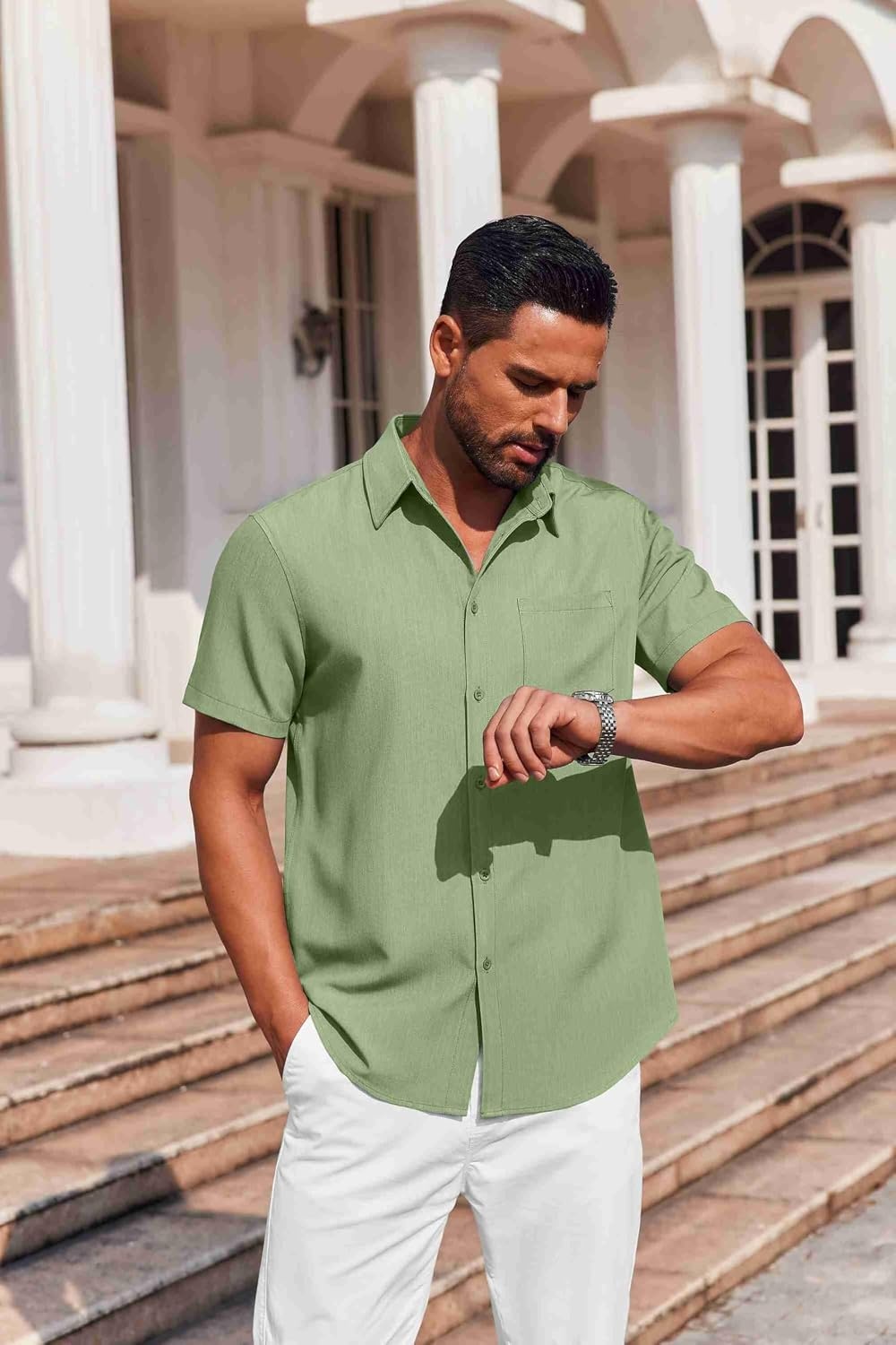 image:imageCOOFANDY Mens Button Down Short Sleeve Shirt Casual Summer Stretch Denim Dress Shirts with PocketLight Green