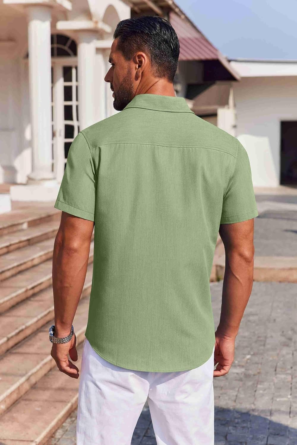 image:imageCOOFANDY Mens Button Down Short Sleeve Shirt Casual Summer Stretch Denim Dress Shirts with PocketLight Green