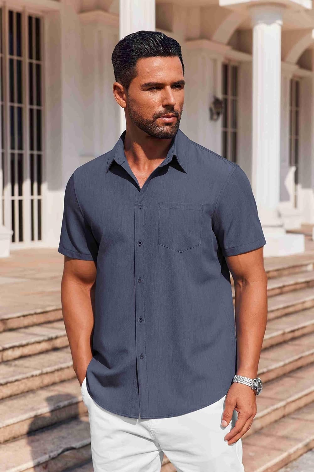 image:imageCOOFANDY Mens Button Down Short Sleeve Shirt Casual Summer Stretch Denim Dress Shirts with PocketNavy Blue