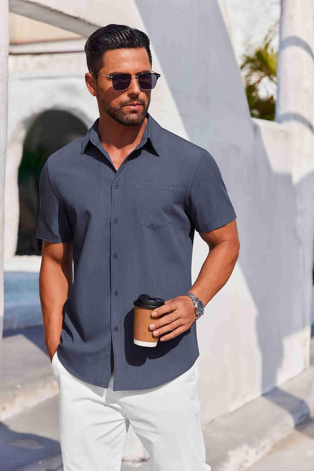 image:imageCOOFANDY Mens Button Down Short Sleeve Shirt Casual Summer Stretch Denim Dress Shirts with PocketNavy Blue