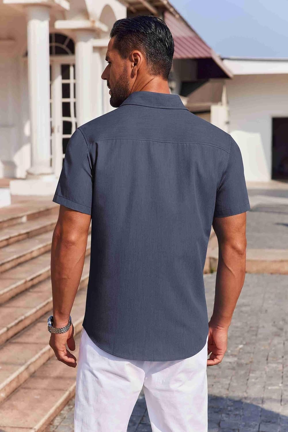 image:imageCOOFANDY Mens Button Down Short Sleeve Shirt Casual Summer Stretch Denim Dress Shirts with PocketNavy Blue