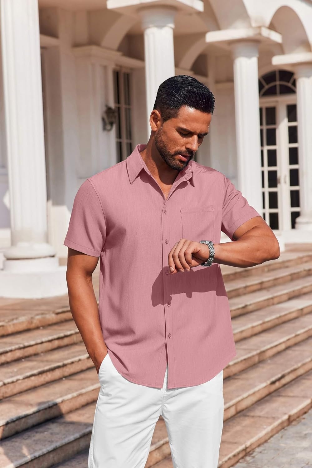 image:imageCOOFANDY Mens Button Down Short Sleeve Shirt Casual Summer Stretch Denim Dress Shirts with PocketPurple Red