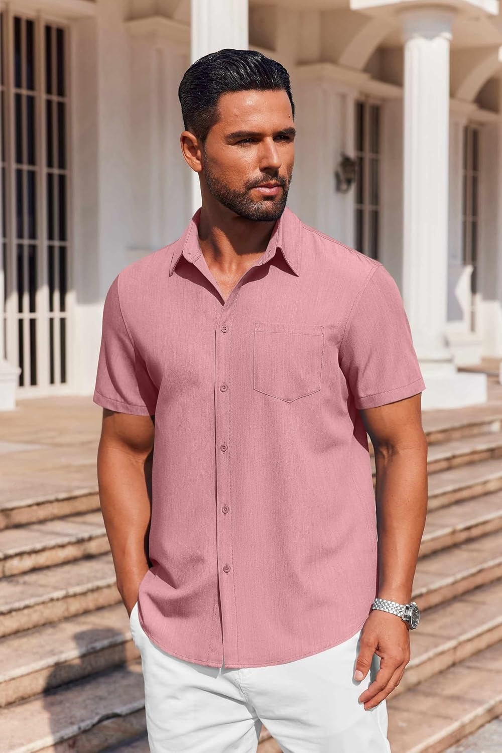 image:imageCOOFANDY Mens Button Down Short Sleeve Shirt Casual Summer Stretch Denim Dress Shirts with PocketPurple Red