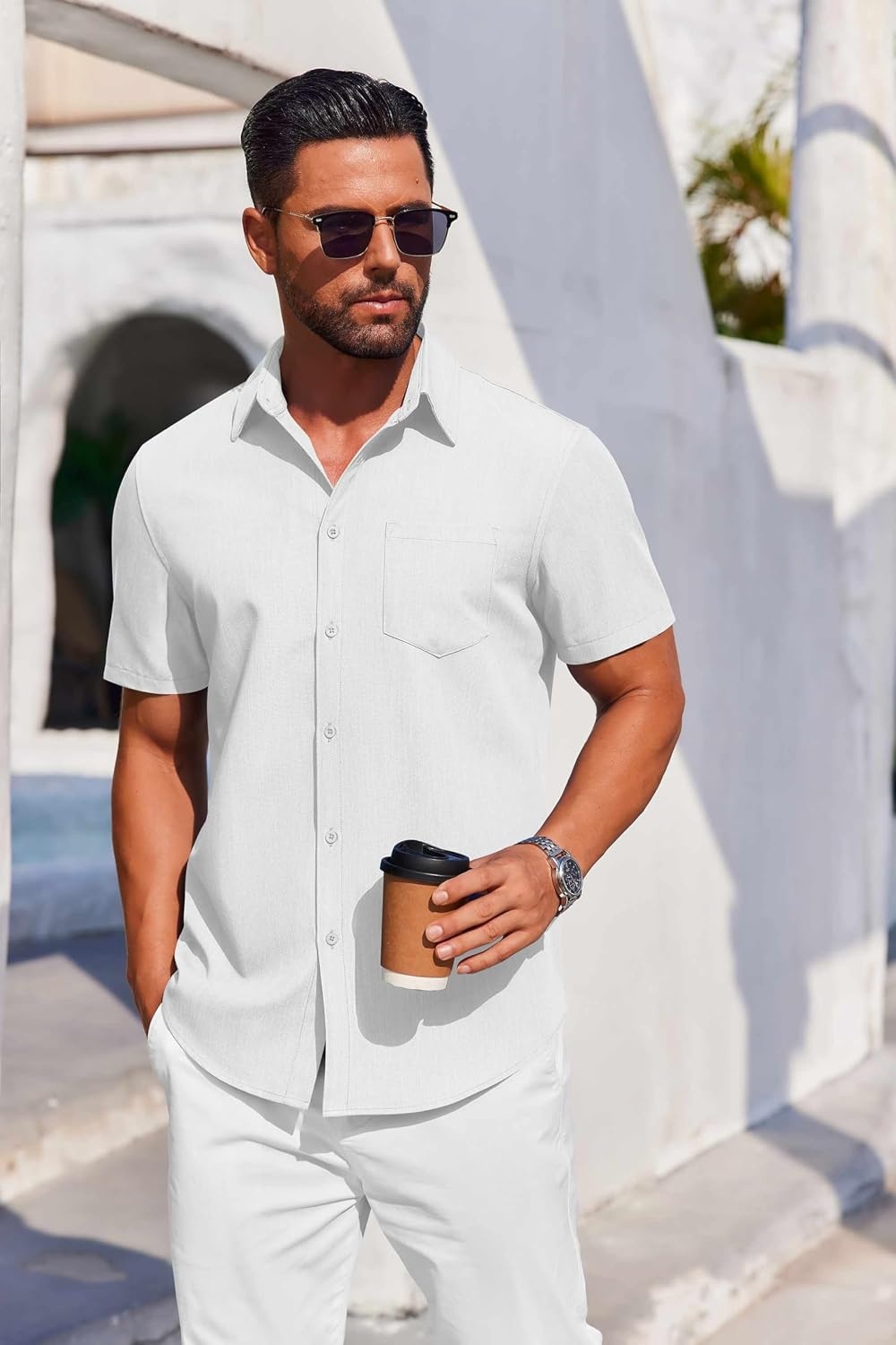 image:imageCOOFANDY Mens Button Down Short Sleeve Shirt Casual Summer Stretch Denim Dress Shirts with PocketWhite