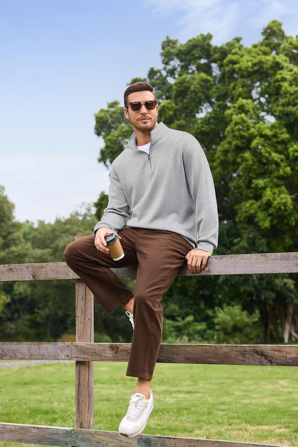 image:imageCOOFANDY Mens Quarter Zip Pullover Sweatshirts for Men Golf Fall Clothes Fall Fashion 2026 Long Sleeve Pullover Stretch Soft Lightweight WrinkleFree Loose Fit Collared Casual Travel GolfAsh Heather