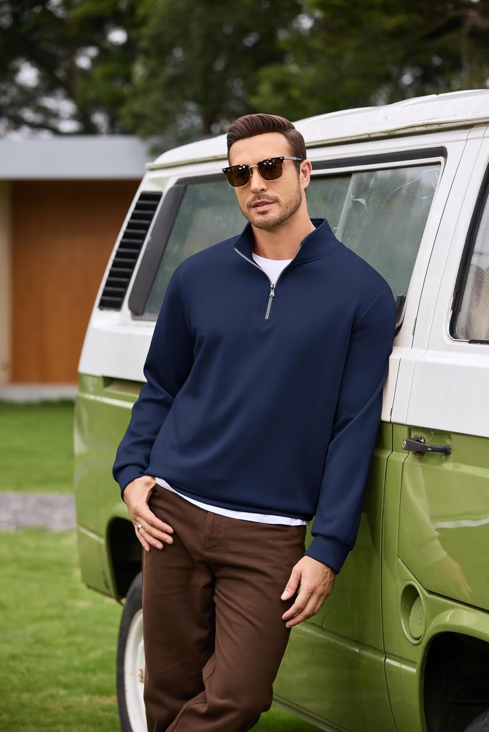 image:imageCOOFANDY Mens Quarter Zip Pullover Sweatshirts for Men Golf Fall Clothes Fall Fashion 2026 Long Sleeve Pullover Stretch Soft Lightweight WrinkleFree Loose Fit Collared Casual Travel GolfNavy Blue