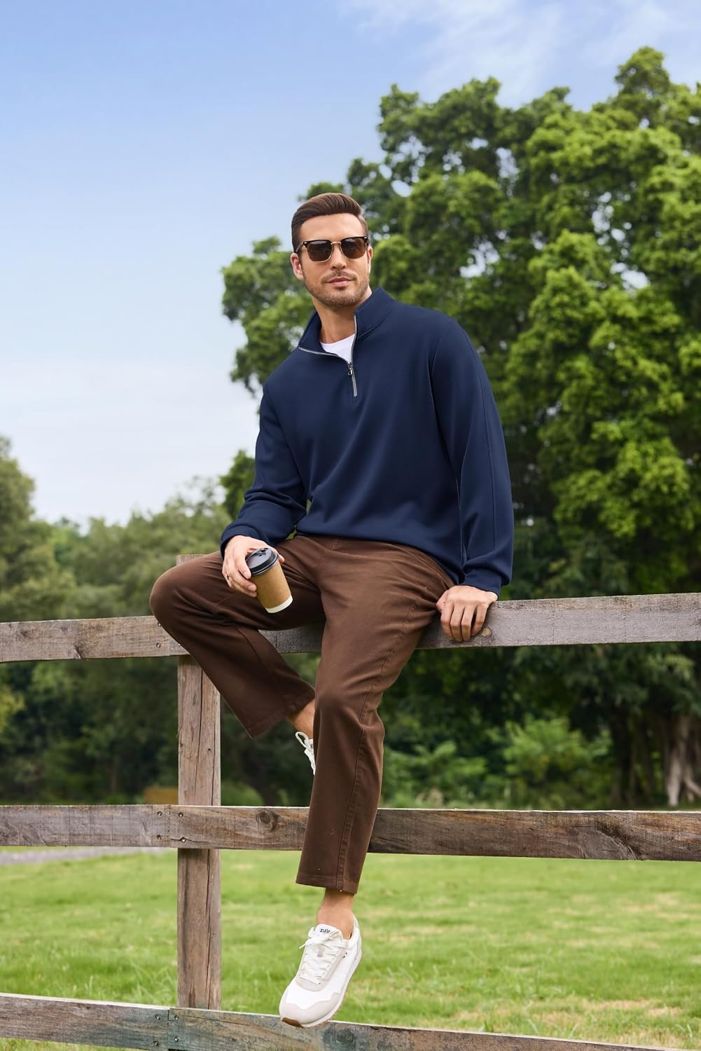 image:imageCOOFANDY Mens Quarter Zip Pullover Sweatshirts for Men Golf Fall Clothes Fall Fashion 2026 Long Sleeve Pullover Stretch Soft Lightweight WrinkleFree Loose Fit Collared Casual Travel GolfNavy Blue