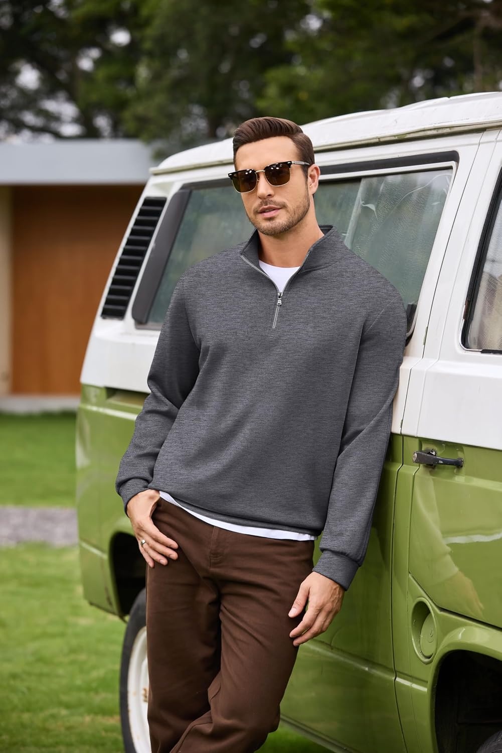 image:imageCOOFANDY Mens Quarter Zip Pullover Sweatshirts for Men Golf Fall Clothes Fall Fashion 2026 Long Sleeve Pullover Stretch Soft Lightweight WrinkleFree Loose Fit Collared Casual Travel GolfCharcoal Heather