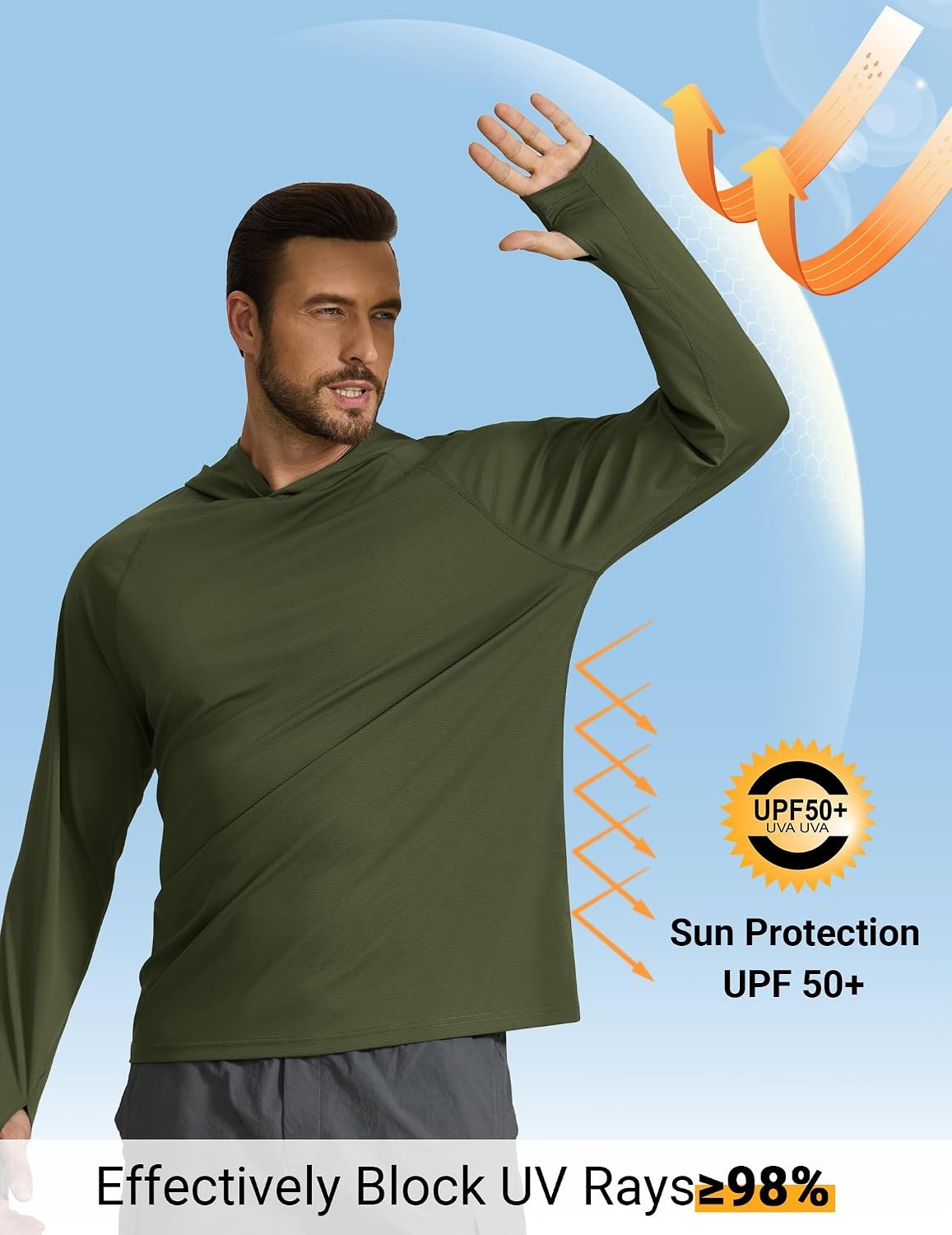 image:imageCOOFANDY Mens SPF 50 Sun Shirts Long Sleeve Rash Guard Thin Summer Hoodie Sun Protection Fishing Shirt with ThumbholeArmy Green