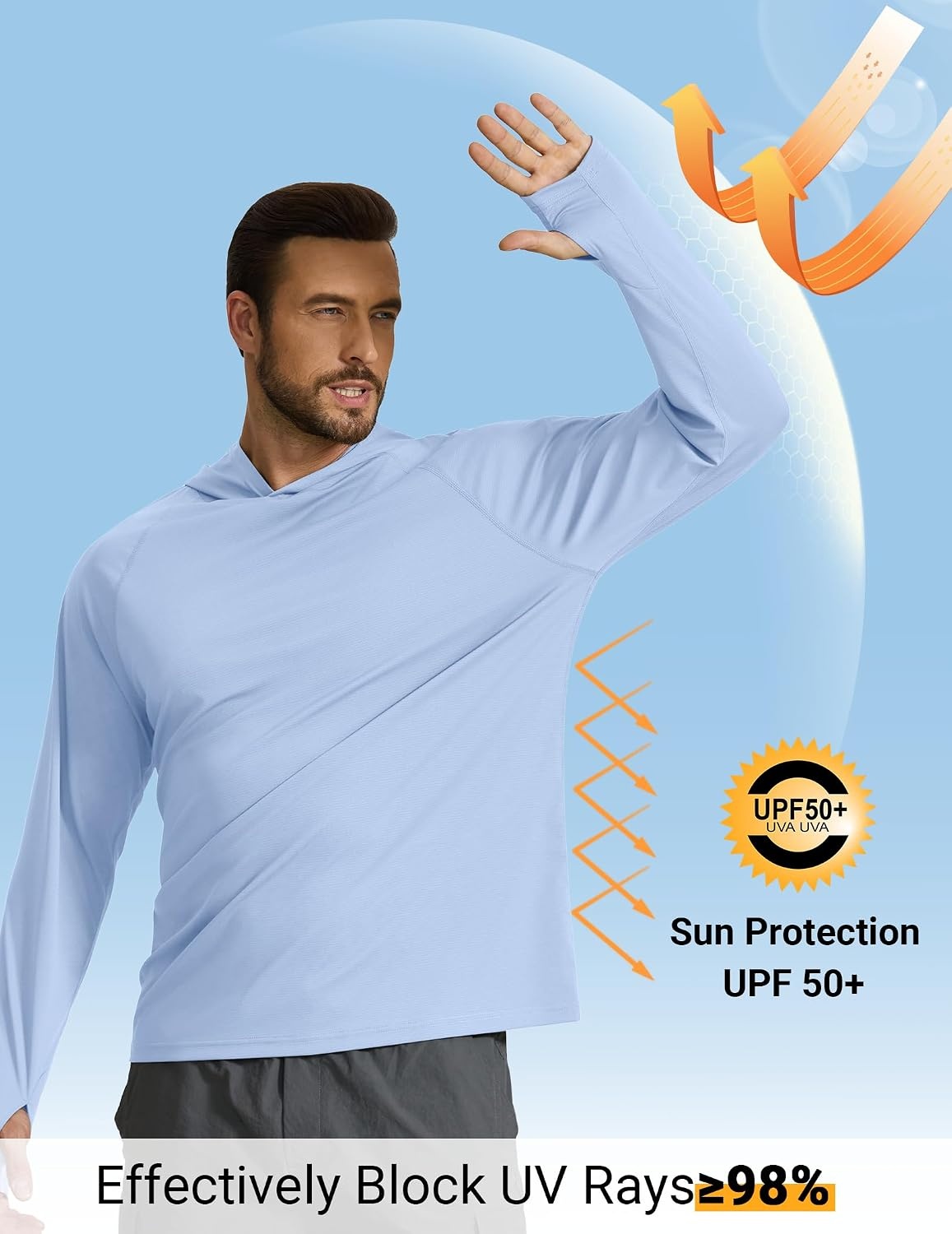 image:imageCOOFANDY Mens SPF 50 Sun Shirts Long Sleeve Rash Guard Thin Summer Hoodie Sun Protection Fishing Shirt with ThumbholeLight Blue
