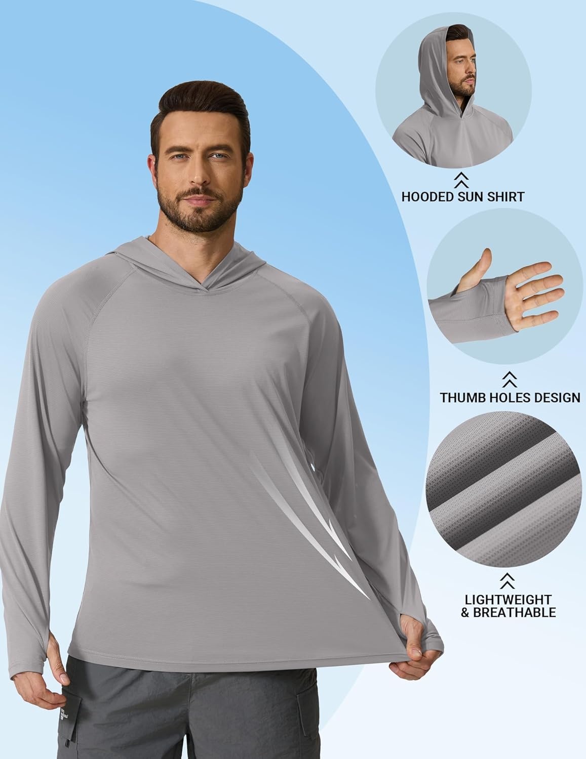 image:imageCOOFANDY Mens SPF 50 Sun Shirts Long Sleeve Rash Guard Thin Summer Hoodie Sun Protection Fishing Shirt with ThumbholeLight Gray