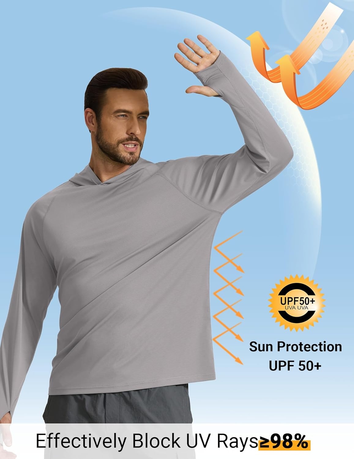 image:imageCOOFANDY Mens SPF 50 Sun Shirts Long Sleeve Rash Guard Thin Summer Hoodie Sun Protection Fishing Shirt with ThumbholeLight Gray