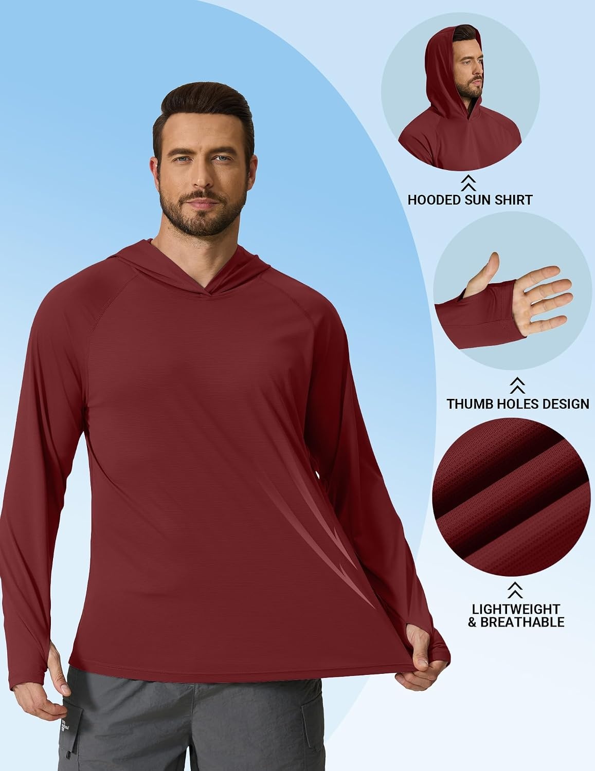 image:imageCOOFANDY Mens SPF 50 Sun Shirts Long Sleeve Rash Guard Thin Summer Hoodie Sun Protection Fishing Shirt with ThumbholeWine Red