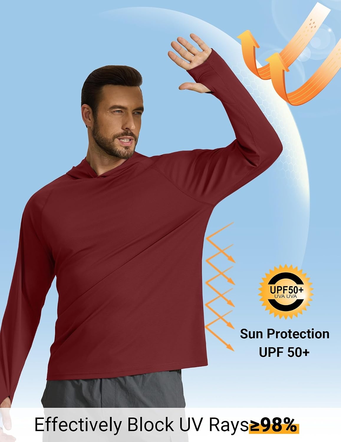 image:imageCOOFANDY Mens SPF 50 Sun Shirts Long Sleeve Rash Guard Thin Summer Hoodie Sun Protection Fishing Shirt with ThumbholeWine Red