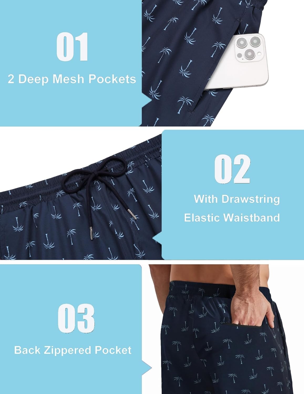 image:imageCOOFANDY Mens Swim Trunks with Compression Liner Quick Dry 7 Inch Bathing Suit Beach Short with Zipper PocketsPalm Night