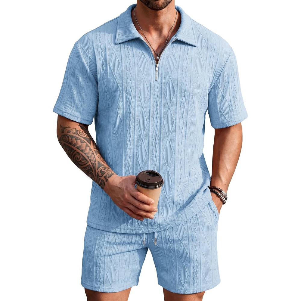 image:imageCOOFANDY Mens 2 Piece Set Summer Beach Vacation Outfits Quarter Zip Polo Shirt and Shorts SetsLight Blue